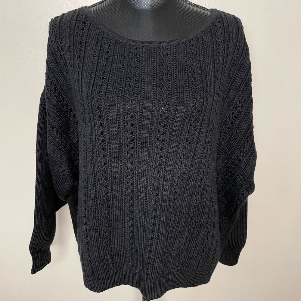 J Crew Point Sur Black Sweater Pointelle Knit Boxy Oversized Size XL